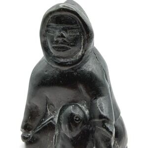 Vintage Signed Inuit Hand-Carved Soapstone Hunter with Arctic Bird Canada